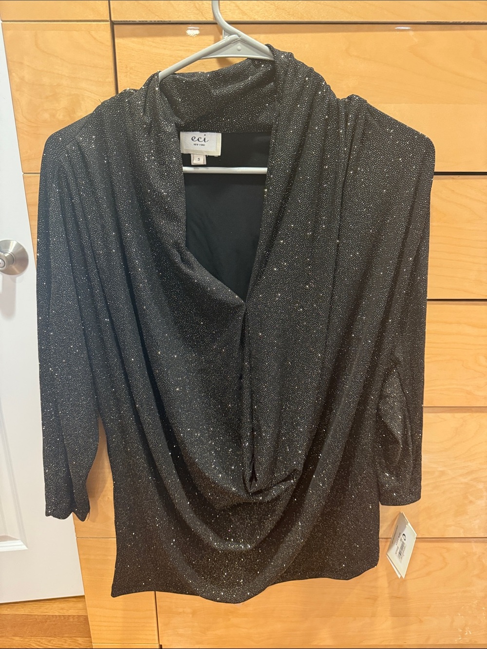 ECI Black Metallic Draped Cowl Neck Top